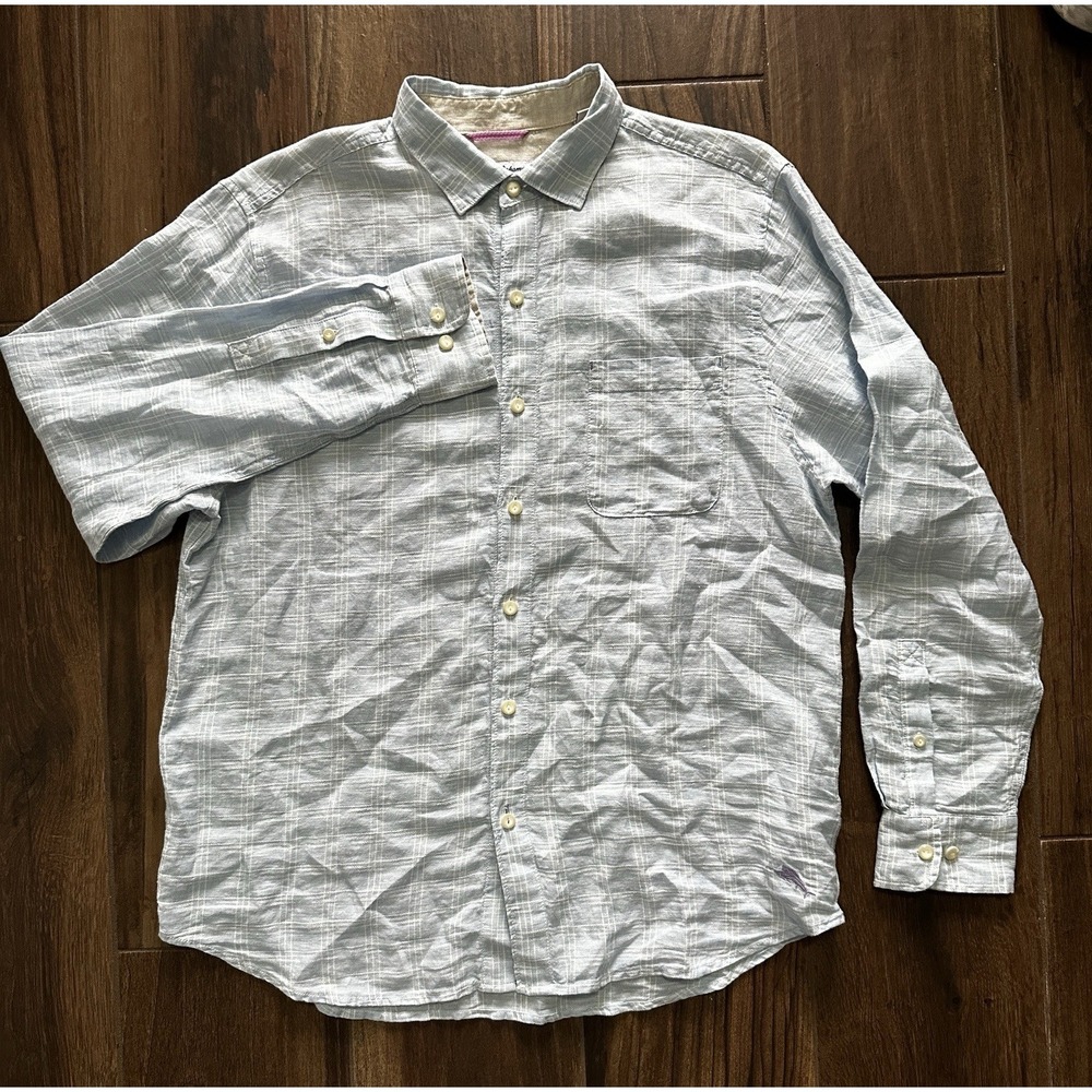 Tommy Bahama Mens Large Blue White Plaid 100% Linen Long Sleeve Shirt ST325395